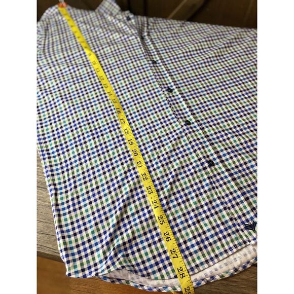 Butter Cloth Shirt Mens L Blue White Green Slim Plaid Button Long Sleeve Stretch - Picture 10 of 11